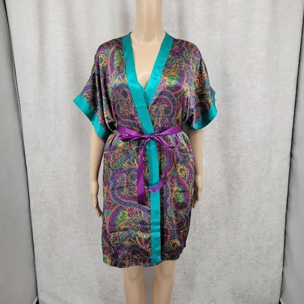 Feather Bed Vintage 90s Vibrant Paisley Satin Slip Dress and Robe Purple Teal